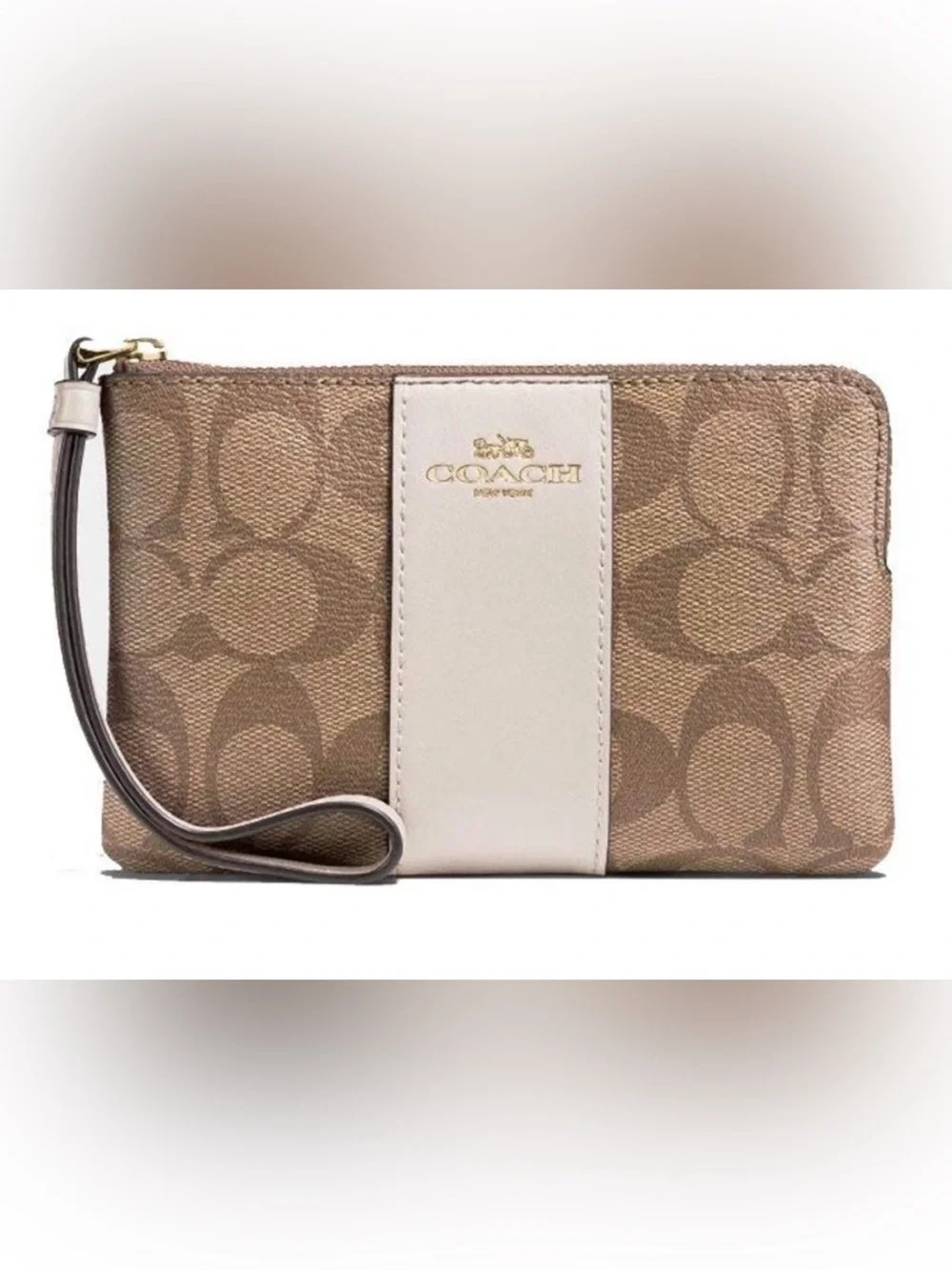 Coach Khaki Canvas Wristlet with Chalk Center Stripe